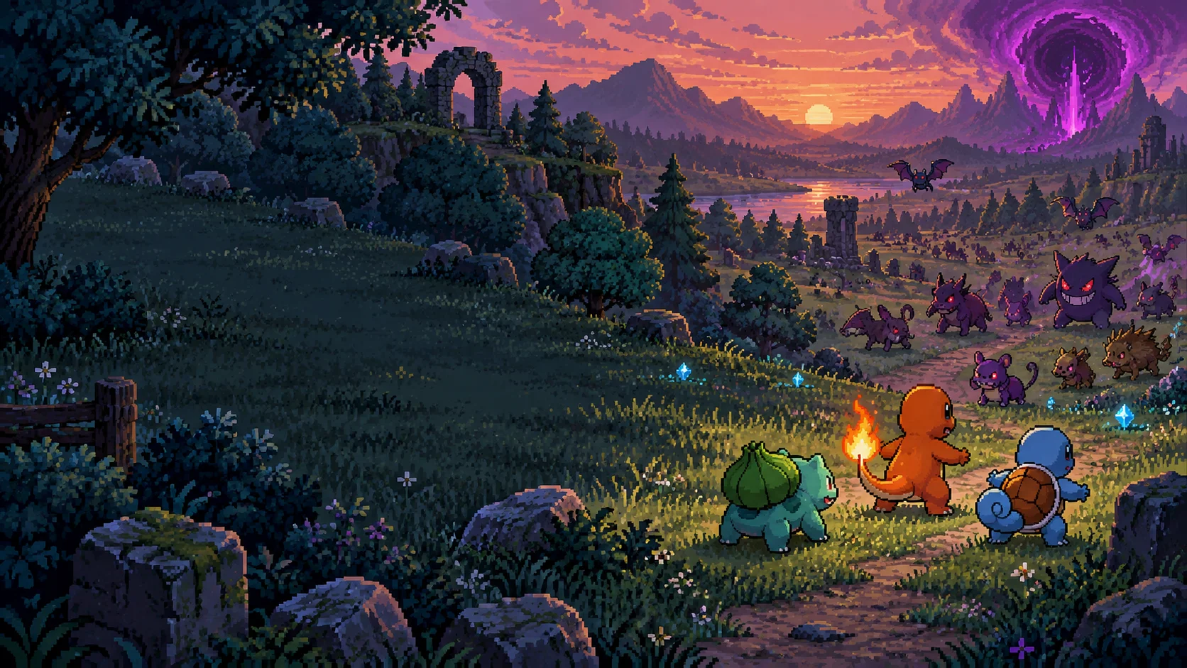 Original pixel fan illustration of Bulbasaur, Charmander and Squirtle facing a horde beside a distant purple rift